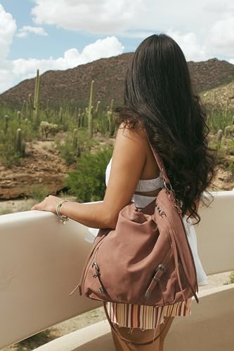 Wrangler Large Hobo Purses and Handbags for Women with Buckle and Fringe Zipper Faux Suede Shoulder Bag - color: Pink