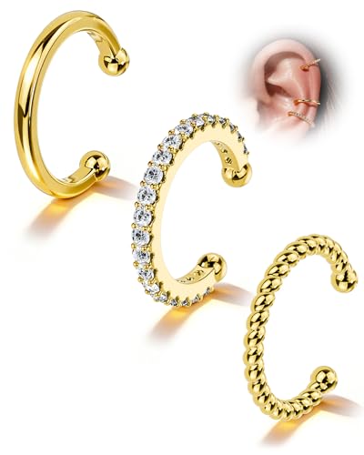 COCHARM 3PCS Ear Cuffs Non Piercing,14K Gold Plated Fake Helix Conch Earrings for Women, Surgical Steel Ear Cuff Cartilage Hoop Earrings