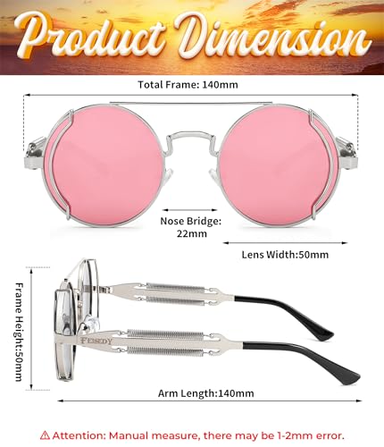 FEISEDY Aviator Sunglasses for Men Women, Retro Steampunk Gothic Round Metal Frame Hippie Glasses B2351 - color: Silver Frame With Pink and Silver Lenses