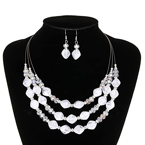3 Layered Chunky Statement Necklace for Women Beaded Strand Necklaces with Earring Fashion Costumes Collar Necklace Jewelry Sets Gifts for Women - color: White