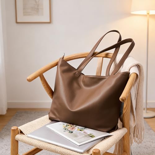 WLLWOO Soft Vegan Leather Tote Bag for Women Large Casual Hobo Handbags Zipper Shoulder Work Daily Weekender Travel Purse - color: Coffee
