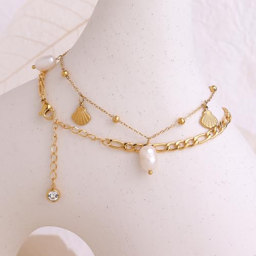 Boho Beads Beach Layered Anklet Set for Women, Handmade Gold Starfish Pearl Shell Anklets Summer Ocean Accessories Jewelry Gift - color: Figaro