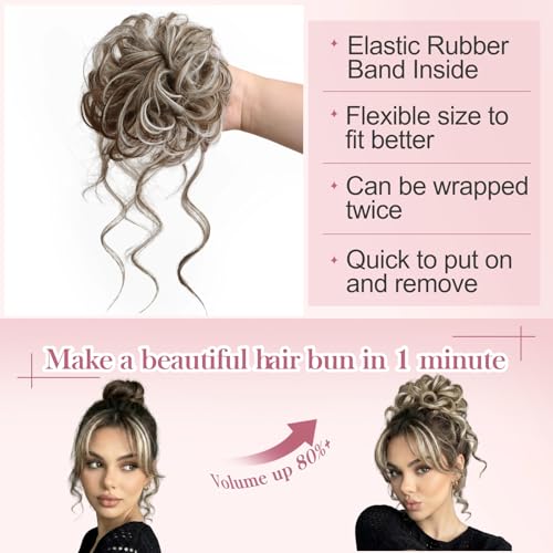 Real Human Hair Messy Bun Piece for Women, Tousled Updo Hairpieces, Curly Wavy Buns Extension Scrunchie with Tendrils, Natural Chignon Fake Hairbun for Daily Use, Medium Brown Mix White 33g - color: Medium Brown Mix White