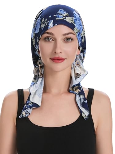ZLYC Chemo Headwear Pre Tied Head Scarf Headwraps Lightweight Turban Beanie Cap for Women - color: Blue Rose Navy