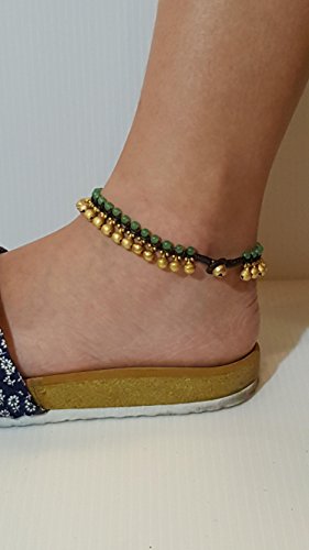 Infinityee888 Trendy Fashion Anklet Green Jade and Brass Bell Ankle Bracelet 10 Inches Woven with Wax Cord Beautiful Handmade Hippie Bohemian Style - size: 10 inches (Pack of 2)