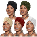 DRESHOW 5 Pack Knotted Headwraps for Women African Turban Pre-Knotted Beanie Headwraps Hair Covers - color: 5 Pack Donuts: White, Khaki, Army Green, Dark Red, Black
