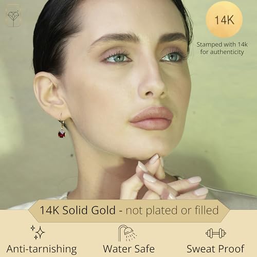 14k White or Yellow Gold Cushion Cut Gemstone Dangle Earrings for Women with 8mm Birthstones by MAX + STONE - color: Garnet