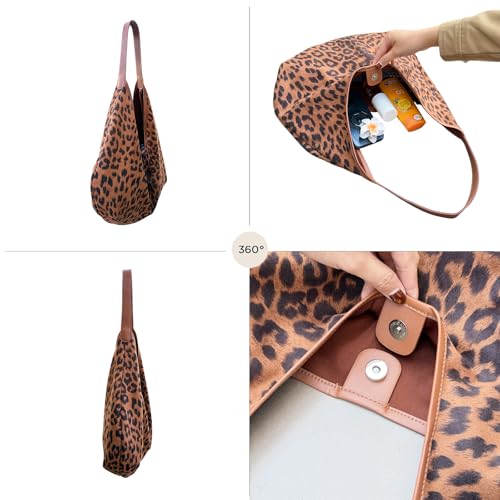 ENBEI Leopard Print Tote Bag for Women Leather Strap Shoulder Tote, Soft Faux Suede Large Tote with Button, Foldable Fashion hobo bag for Travel, Work & Daily Use | Leather Strap