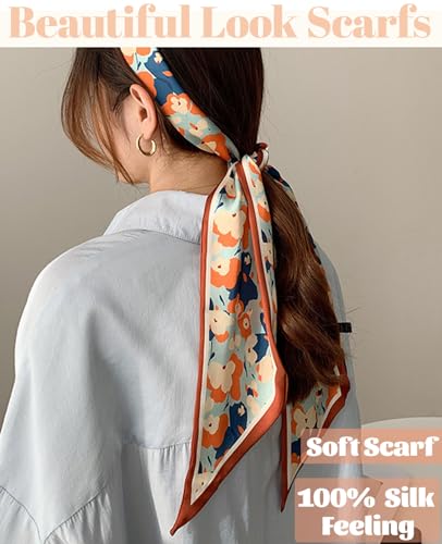 kcctoo 59” Long Silk Like Head Scarf Women's Fashion Square Neck Satin Scarfs for Bag Hair Scarves Gift 59 * 5.9” - color: A1 Bright Flowers 59" X 5.9"