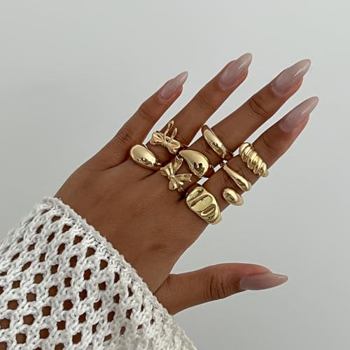 Chunky Gold Rings for Women Non Tarnish Silver Chunky Rings Set Adjustable Thick Statement Ring Gold Stackable Ring for Women Trendy Fashion Silver Jewelry - style: Style3