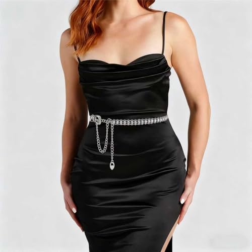 YooAi Chain Belts Leather Waist Belt for Women Layered Metal Chain Belt - size: XS/S: fits waist from 26"-30", style: Silver Rhinestsone