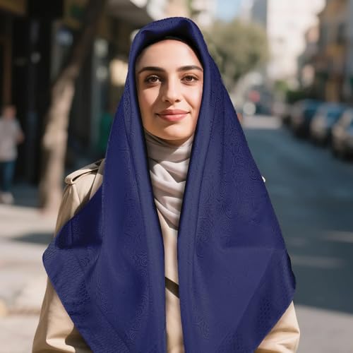 35” Satin Large Square Head Scarves-Like Silk Satin Scarf for Hair Wrapping at Night Bandana Square Scarf for Sleeping - color: Jacquard-navy Blue
