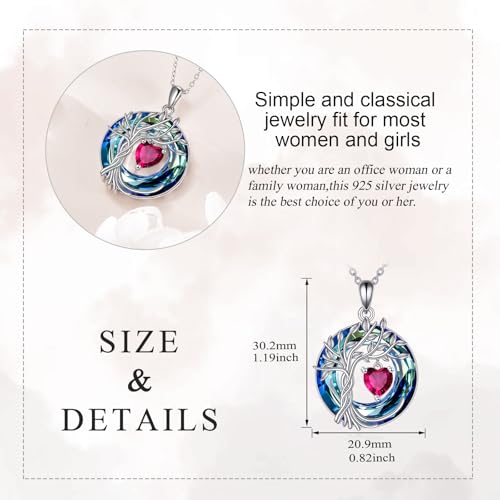 POPLYKE Mothers Day Gifts for Mom Her Wife Tree of Life Necklace 925 Sterling Silver Birthstone Pendant with Crystal Anniversary Birthday Wedding Jewelry for Women - color: 07-Jul-Ruby, style: White Gold Plated-Blue Crystal