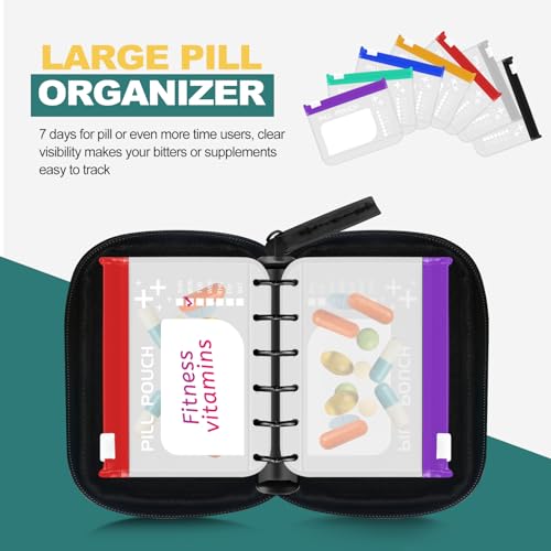 Timueetech A7 Waterproof Pill Organizer with 7 PCS L Size Zippered Pill Pouches for A7 Binder, Large BPA-Free Weekly Medicine Organizer, Color-Coded Reusable Travel Pill Storage System - color: Black
