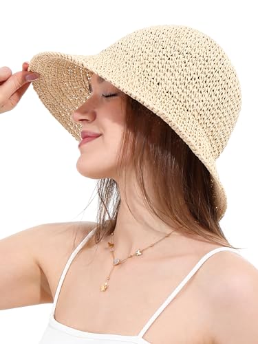 Womens Sun Hat Handmade Crochet Straw Bucket for Summer Foldable Travel Cap - color: Beige
