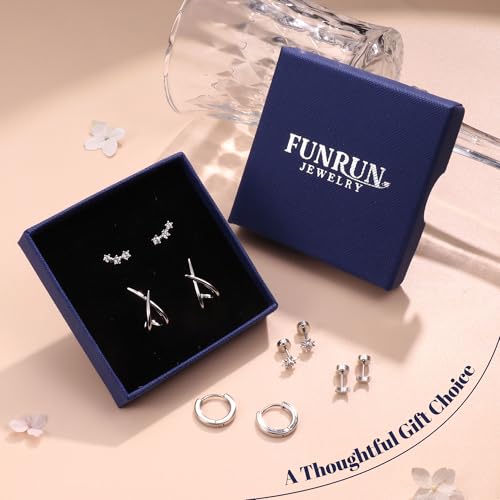 FUNRUN JEWELRY Stud Earrings for Women Trendy-14K Gold Plated Earring Studs Set Hypoallergenic Flatback Stud Earrings Small Dainty Sterling Silver Earring Stacks for Sensitive Ears - style: Silver Earring Stack