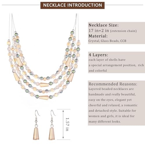 Errally Layered Beaded Statement Necklace Multi Strand Crystal Beads Collar Necklace and Earring Sets for Women Fashion Costume Jewelry Set Gifts for Her - color: Champagne