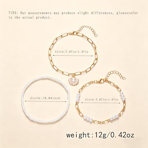 Beach shell sea star sea bead anklet set for Women, adjustable gold-plated Bohemian shell bracelet for ankle Fashion Layered anklet - color: Shell &pearl 3Pcs