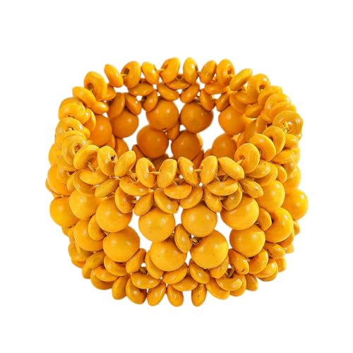Boho Wide Chunky Colorful Wooden Thick Shell Elastic Stretch Bracelet Handmade Bohemia Summer Beach Vacation Adjustable Lightweight Wood Wristband Jewelry for Women - color: yellow