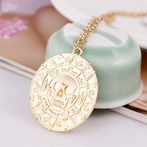 Round Gold Coin Skull Necklace Pendant Dress Accessory Movie Pirates of The Caribbean Medal Necklace Retro Jewelry (Gold