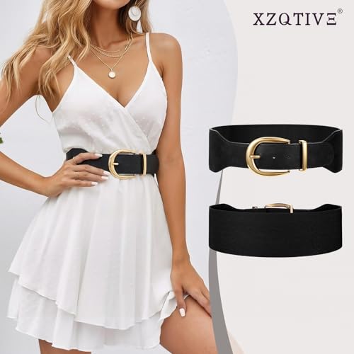XZQTIVE Women Wide Elastic Waist Belt for Dresses Fashion Cinch Belts Stretchy Waistband with Gold Buckle - color: Black(gold Buckle), size: Fit Waist Size 30"-33"