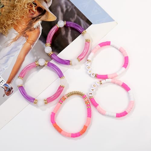 Elegance 11 designs colorful bracelets for women Surfer Thick Tube Heishi Summer Beach Beaded Stackable Boho Stretch Bracelets - color: Bright Red