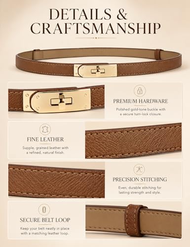 BEMYLV Skinny Belts for Women Dresses Turn-Lock Gold Buckle Adjustable Fashion Waist Belt for Pants Jeans Business Casual - color: Brown