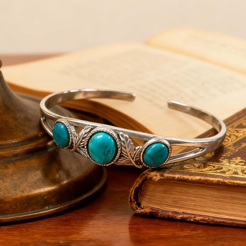 Genuine Turquoise Bracelet Cuff Bracelet for Women Mom 925 Sterling Silver Natural Turquoise Bangles Vintage Bracelet Boho Jewelry for Birthday Christmas Mother's Day Valentine's Day - style: Leaf