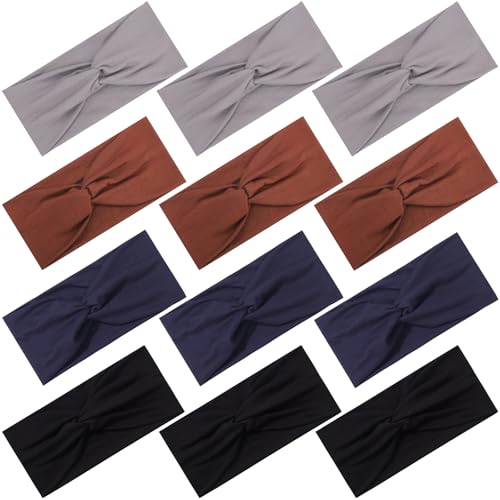 12 Pcs Stretchy Headbands for Women, Absorbed Sport Headband Soft Twist Knotted Hairbands for Daily Life Yoga Workout(Black/Dark blue/Brown/Grey) - color: Black/Dark blue/Brown/Grey