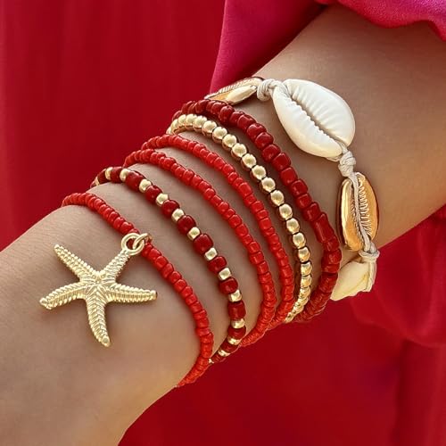 Pingyongchang Bohemian Stackable Shell Beaded Ankle Bracelets for Women Colorful Boho Multi-Layer Seashell Gold Starfish Adjustable Handmade Braid Bracelet Summer Beach Holiday Accessories Gifts - color: Red