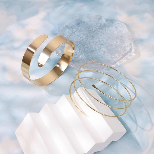 2Pcs Gold Arm Cuff for Women Adjustable Arm Cuff Bracelet Minimalist Open Coil Upper Arm Band Cuff Bangle Set - style: Gold D