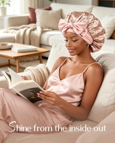 YANIBEST Adjustable Satin Bonnet for Sleeping Women Double Layer Hair Wrap Reduce Friction Prevent Frizz Natural Curly Hair - color: Leopard Pink