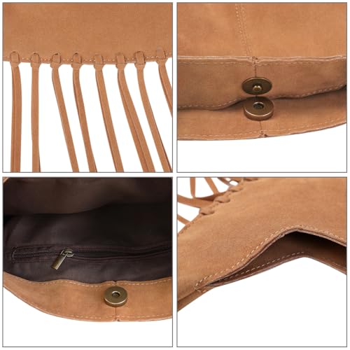 HDE Women's Faux Suede Leather Bag Fringe Tassel Shoulder Purse Western Handbag - color: Camel Brown