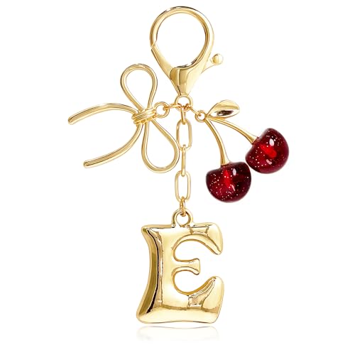 Cute Initial Cherry, Bow, Heart & More Styles - Personalized Keychain Bag Charms & Purse Accessories for Handbags - color: Red Cherry, style: E