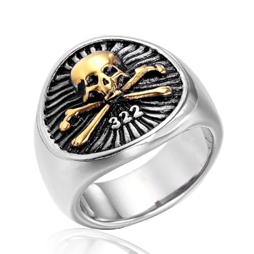 322 Skull and Bones Ring The Order of Death Titanium Steel The Eulogian Club Gothic Elite Heritage Biker Jewelry for Men - color: Gold