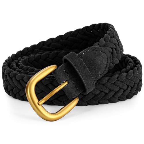 XZQTIVE Women’s Braided Suede Belt – Adjustable Woven Waist Belt with Gold Buckle for Dresses, Jeans & Casual Outfits - color: Black, size: Large: fits waist from 37"-41"