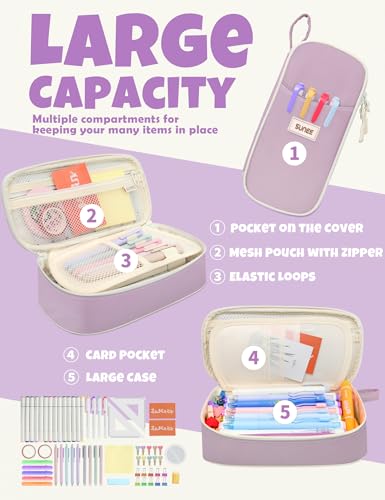SUNEE Cute Pencil Case, Aesthetic Pen Pouch, Colored Large Pencil Bag with Zipper, Kawaii Stationery Storage and Organizer, School Supplies for Teen and Adult Girls, Purple - color: Purple