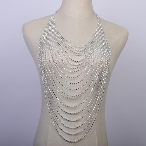 Wiwpar Full Rhinestone Body Chain Crystal Crossover Bra Body Chain Necklace Boho Multilay Costume Chest Chain Beach Sexy Bikini Nightclub Body Chain Party Rave Accessories for Women - color: Silver