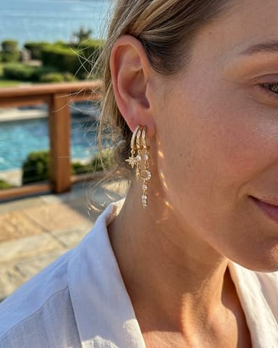 MUMREUES Gold Earrings for Women Trendy 14K Gold Plated Dangle Earrings Small Hoop Huggie Drop Stud Earrings Cubic Zirconia Simple Minimalist Dainty Chain Tassel Hypoallergenic Earrings - color: Celestial & Gold
