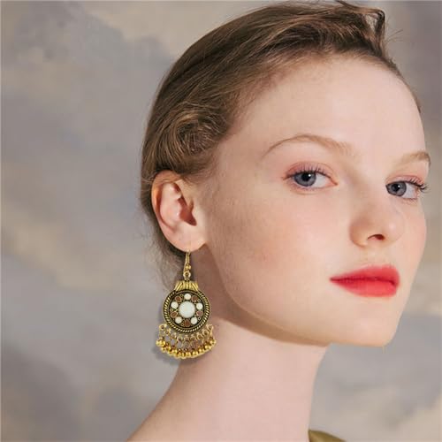 Vintage Boho Statement Drop Dangle Earrings for Women Bohemian Ethnic Handmade Beaded Charms Earring Bohemian Retro Chandelier Tassel Earrings Mexico Gypsy Jewelry Gift - color: Gold Round White