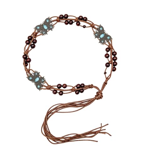 Boho Flower Wooden Bead Waist Belt, Vintage Woven Body Chain, Adjustable Cord Jewelry for Jeans Dress & Beach Wear - color: Blue2