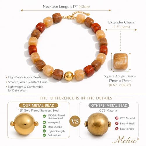 Mchic Colorful Beaded Choker Necklace for Women: Boho Large Square Acrylic Beaded Necklace Stainless Steel Adjustable Surfer Beach Strand Necklaces Summer Handmade Jewelry Gift for Women - color: Coffee