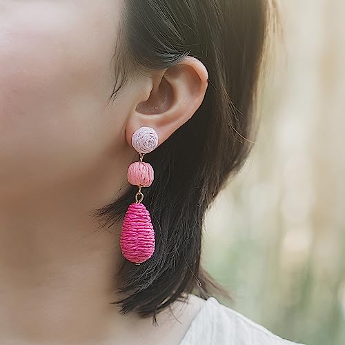 Boho Raffia Earrings Statement Dangle Earrings Cute Teardrop Ball Earrings Colorful Summer Jewelry Handmade Rattan Earrings for Women - color: 3Pink