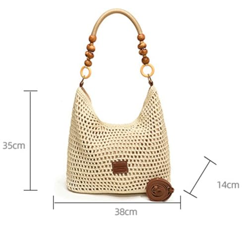 Crochet Summer Beach Bag for Women Woven Cotton Mesh Hobo Handbag Fashion Bead Handmade Shoulder Bag Purse - color: Black