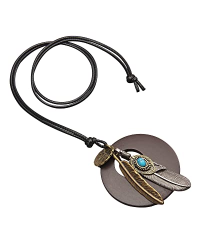 Leather Necklace for Women Long Boho Necklace Bohemian Choker Vintage Necklace Braided Boho Jewelry with Adjustable Brown Leather Cord - color: Feather Wood Necklace