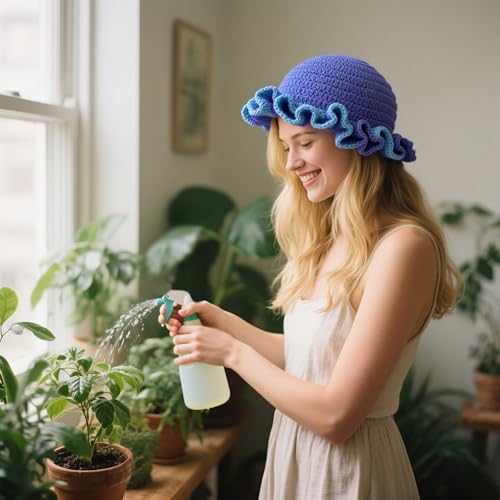 Handmade Crochet Bucket Hat for Women Boho Chic Slouchy Design Colorblock Ruffled Brim Festival&Daily Crochet Hat - color: Sky Blue