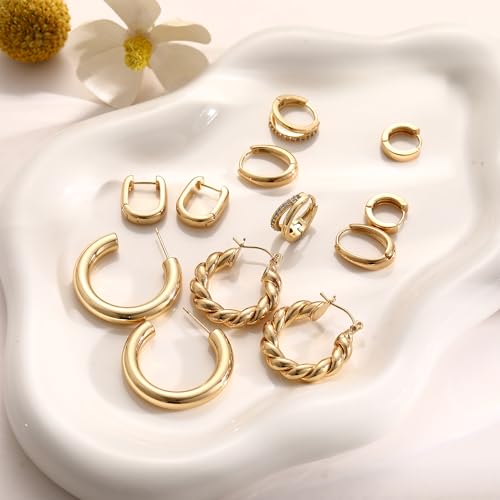 9 Pairs Small Gold/Silver Hoop Huggie Earrings Set for Women, 14K Gold Plated Chunky Hoop Small Earring Hypoallergenic Thick Open Lightweight Chunky Hoop Earrings Jewelry for Gifts - color: Gold-6 Pairs