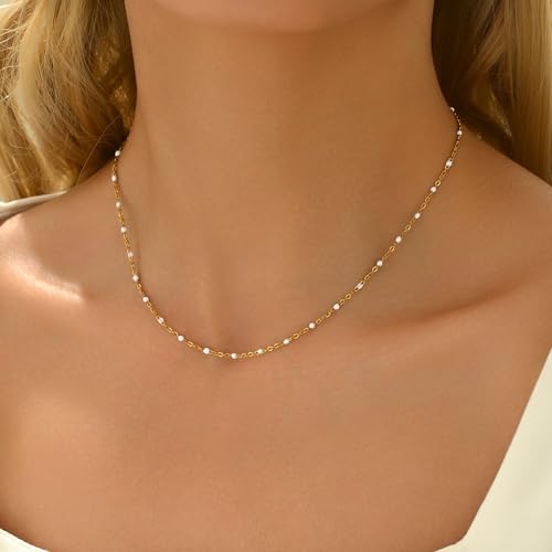 NONAMOIS Gold Chain Necklace for Women Dainty 18K Gold Plated Thin Satellite Beaded Turquoise Necklace Simple Layered Boho Jewelry Christmas Gifts - color: White Beads-Gold