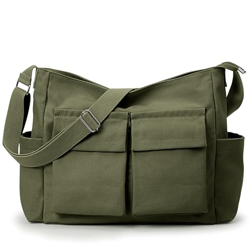 KALIDI Canvas Tote Bag Large Hobo Crossbody Shoulder Handbag Zipper Messenger Bag for Women or Men Casual College Work - color: Upgraded Army Green