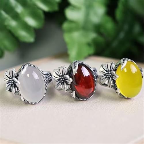 Boho Oval Stone Flower Leaf Statement Ring for Women Antique Silver Plated Vintage Crystal Plum Blossom Adjustable Open Wrap Rings Comfort Fit Retro Gemstone Art Decor Wedding Engagement Jewelry - color: Red